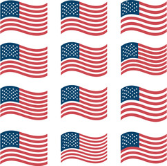 Set of Waving American Flags Vector Illustration – Seamless Pattern of Twelve Different USA Banner Movements or StylesSet of Waving American Flags Vector Illustration