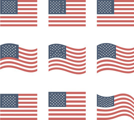 Set of Nine Waving American Flag Vector IconsSet of Nine Waving American Flag Vector Icons