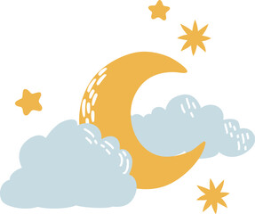 Cute Vector Illustration Night Sky Scene with Moon and Clouds