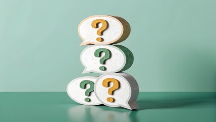 Stack Of Question Mark Icons In Speech Bubbles On Green Background, Concept Of Curiosity And Communication