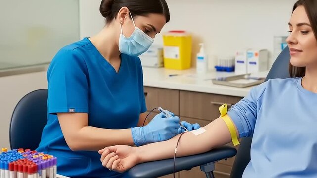 Medical professional collecting blood sample from patient in clinical setting with equipment visible