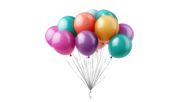 A bunch of colorful balloons tied together on a black background view on transparent background