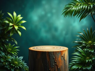 Tropical Forest Scene with Tree Stump and Lush Greenery