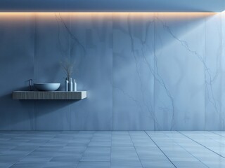 Modern Minimalist Bathroom Interior with Blue Marble Wall and Floating Shelf
