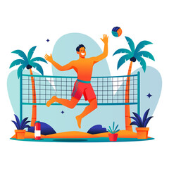 Man playing volleyball on a tropical beach at sunset with palm trees and turquoise water in the background