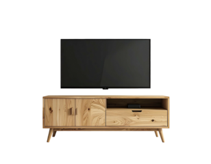 A wooden media console holds a large flat-screen TV against a black background