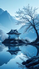 Serene Japanese Pavilion by Lake with Snowy Mountains and Cherry Blossom Tree