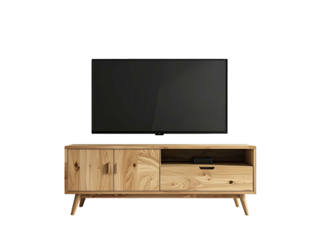 A wooden media console holds a large flat-screen TV against a black background