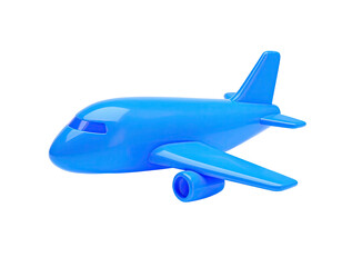 A glossy, vibrant blue toy airplane isolated on a black background