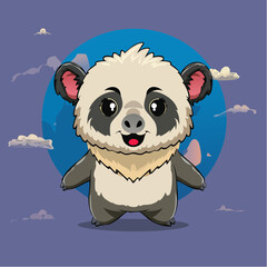 Smiling panda cub in a cloudy sky