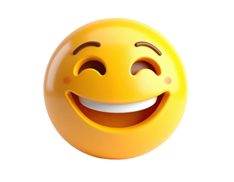 Cheerful, glossy, 3D rendered yellow face, wide smile, rosy cheeks, happy eyes