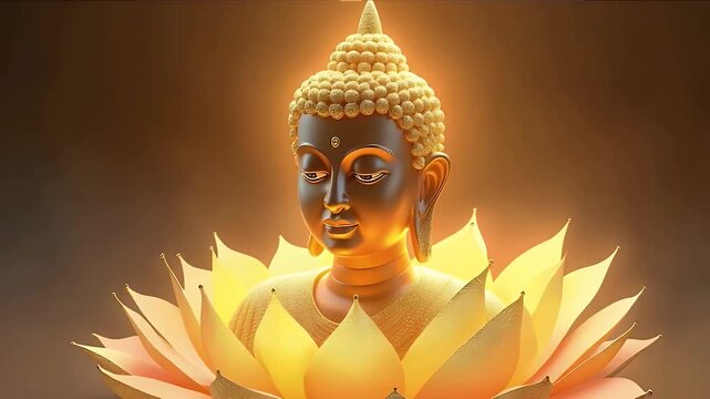 Golden Buddha silhouette made of light particles surrounded by lotus petals and circular ripples symbolizing enlightenment and inner peace.

