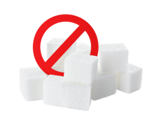 Sugar cubes crossed out with a red circle, concept for anti-sugar or low-carb lifestyle.