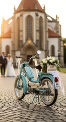 Wedding day transport - A vintage moped with floral decorations.