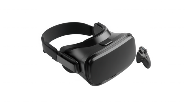 A black vr headset and controller isolated on a black background view on transparent background