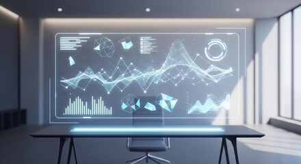 Futuristic transparent display with financial data visualization in modern office