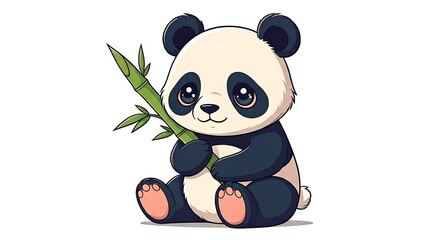 Obraz premium Adorable baby panda bear cub hugging bamboo shoot with big eyes, ideal for children's books, educational materials, and cute animal themed projects