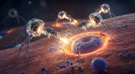 3D biomedical illustration of nanorobots repairing damaged human cells with glowing microstructures and plasma environment, futuristic nanomedicine