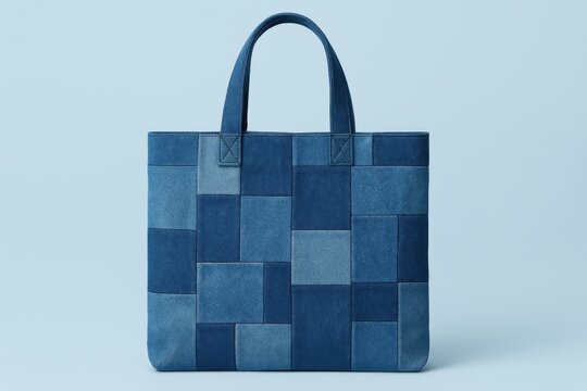 Recycled denim shopper bag crafted from patchwork blue fabric pieces, combining sustainability with urban style, featuring geometric texture and modern eco-friendly design aesthetics