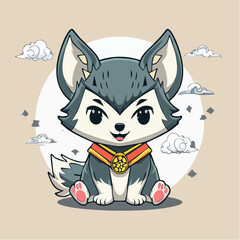 Chibi husky puppy with clouds and collar