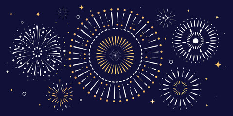 Festive abstract fireworks display with white and gold bursts on a dark navy blue background