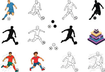 Vector Soccer Action Poses – Football Players, Dribbling, Shooting & Game Silhouettes