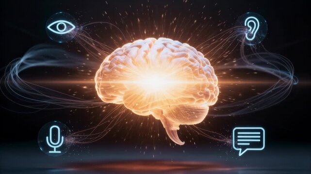 Glowing 3D digital brain surrounded by icons for vision, hearing, speech, and text representing multimodal artificial intelligence.