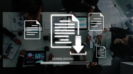 A top view of a business meeting where a team collaborates and downloads digital documents, showcasing charts and data on computer screens for analysis. Raster - Powered by Adobe