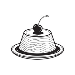 A line art illustration of a small flan or pudding dessert served on a plate. The dessert is topped with a single cherry with a stem. Use wavy horizontal lines to texture the pudding. Black and white,