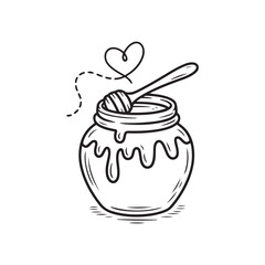 A vintage sketch of a jar of honey with a wooden dipper inside. The honey is dripping down the sides. Include a small, whimsical heart floating above the jar, connected by a dashed line. Line art, bla