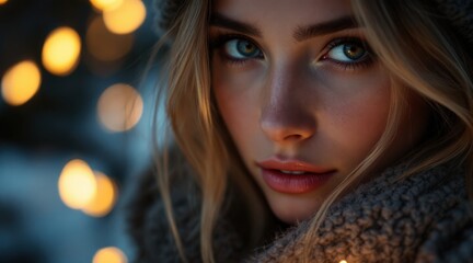 Fototapeta premium blonde woman Christmas theme concept. Captivating portrait of a woman with glowing eyes and warm background lights.