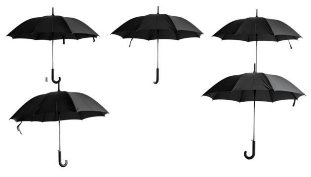 Six open black umbrellas on black