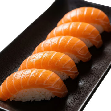 Salmon Nigiri on Black Plate Delicious Traditional Japanese Cuisine Seafood Dish Rice Fresh Gourmet Meal Food Nigirizushi Cut Healthy Culinary Asian