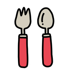 手描き線画のシンプルで可愛いフォークとスプーンのイラストセット
