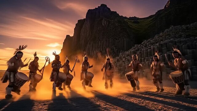 Native American tribe performs traditional dance at sunset on beach.