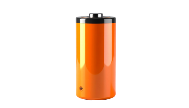 Shiny orange battery on black background