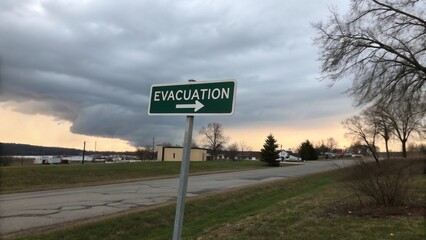 Evacuation sign pointing toward a large, ominous storm cloud and tornado threat at sunset.