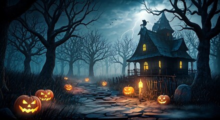 Enter the haunted house, if you dare this Halloween season! Sinister silhouette on roof, spooky pumpkins light the way in the dark, foggy night