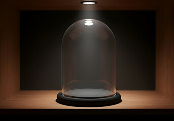 Empty glass cloche on a dark wooden shelf with spotlight illumination. Empty display case with a black pedestal for showcasing items.