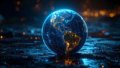 Futuristic Earth graphic with city lights glowing and dark outer space backdrop