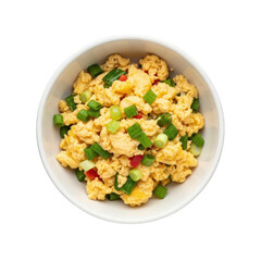 Scrambled Eggs with Green Onions and Red Peppers on White Background, Delicious and Nutritious Breakfast, Top View