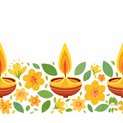 Festive seamless border pattern with glowing diyas, yellow blossoms, and green leaves on a white background.