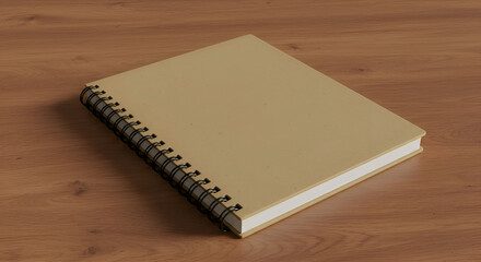 Neutral-toned spiral-bound notebook resting on a light brown wooden surface. Versatile and practical notebook laying flat, ready for notes.