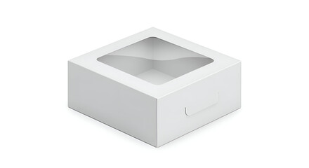 Empty white square box with a clear window, displaying a simple design. Product packaging for display in a studio setting. Blank box ready for custom branding.