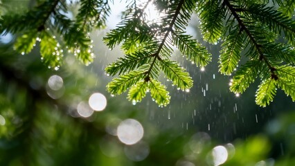 Fresh Green Pine Tree Branch with Rain Drops in Sunlight