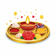 A decorative golden puja thali with a lit diya lamp, flowers, sweets, and colored powders for a Hindu festival.
