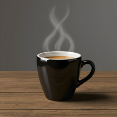 Black coffee mug steaming on wooden table. A single, steaming mug of coffee sits on a rustic wooden surface against a muted gray background.