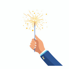 Hand holding a sparkler with golden sparks on a white background.