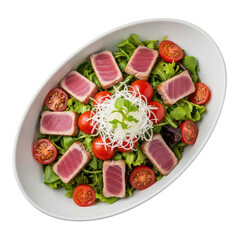 Seared Tuna Salad with Tomatoes and Greens Served in Bowl Gourmet Cuisine Healthy Meal Restaurant Dish Fresh Ingredients Diet Plate Foodie
