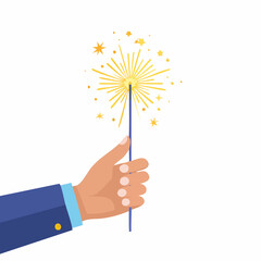 A cartoon hand in a blue business suit sleeve holds a lit golden sparkler against a white background.